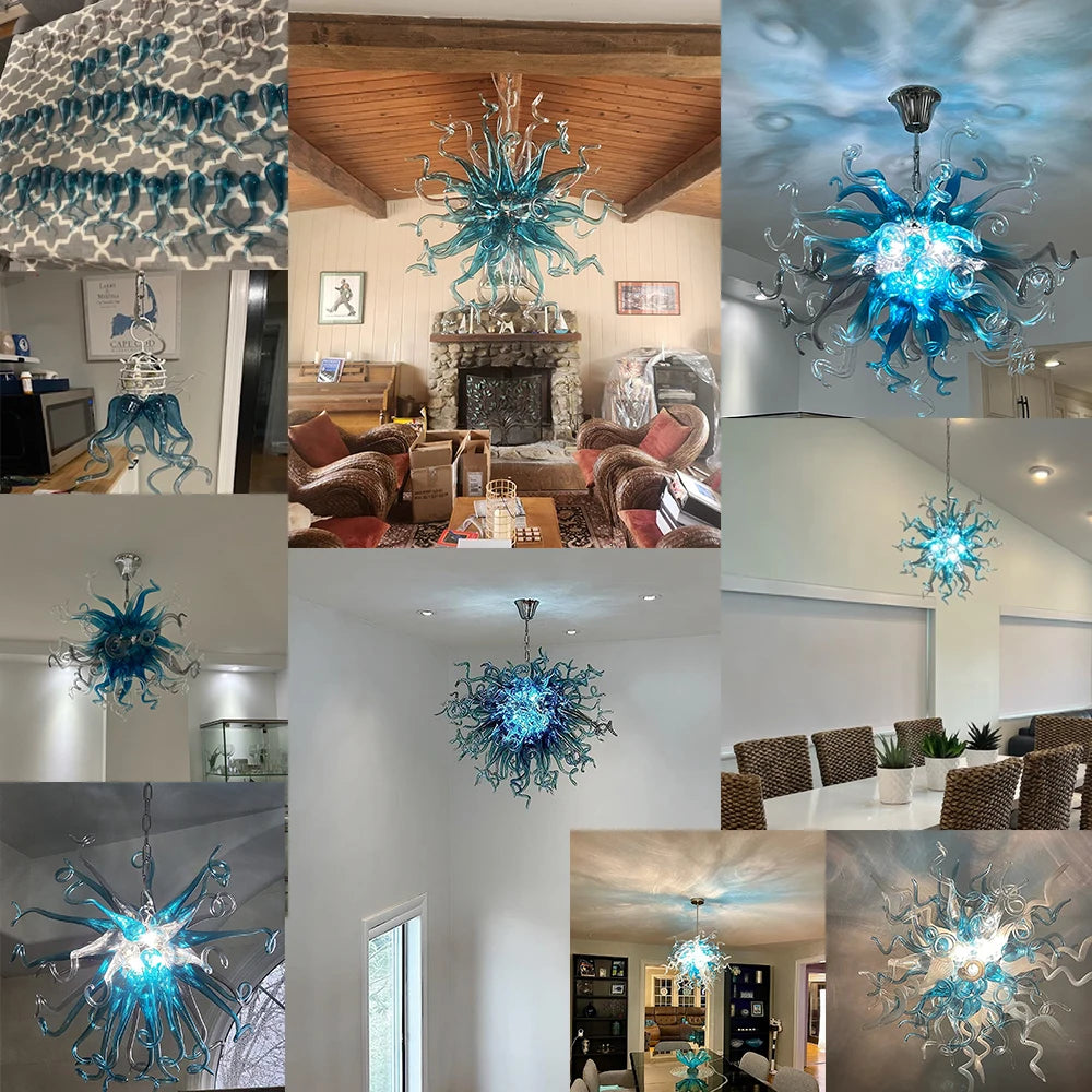 Longree Luxury Blue Chandelier Lighting LED Indoor Home Hanging Lights 100% Hand Blown Glass Chandeliers for Living Room