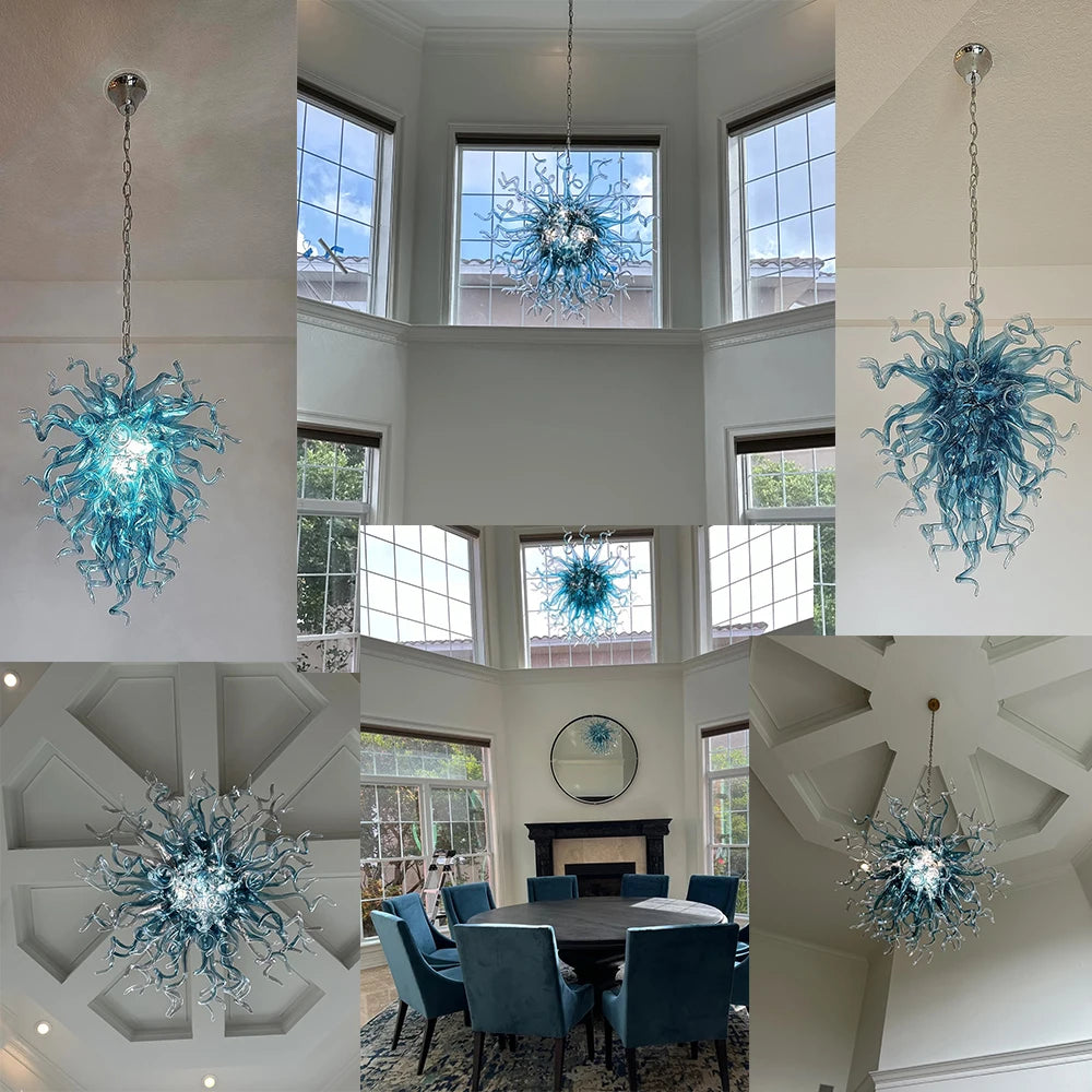 Longree Luxury Blue Chandelier Lighting LED Indoor Home Hanging Lights 100% Hand Blown Glass Chandeliers for Living Room