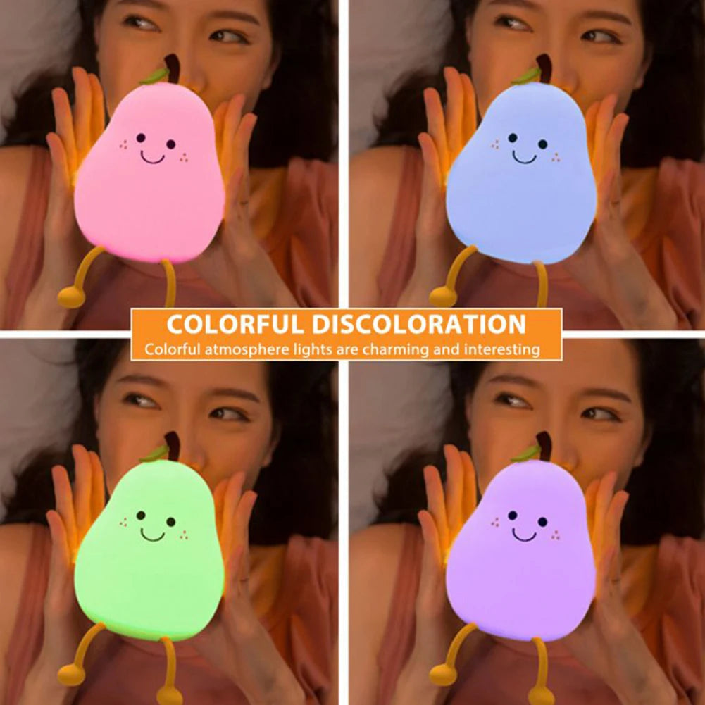 LED Pear Fruit Silicone Night Light 7 Colors Dimming Touch USB Rechargeable Cartoon