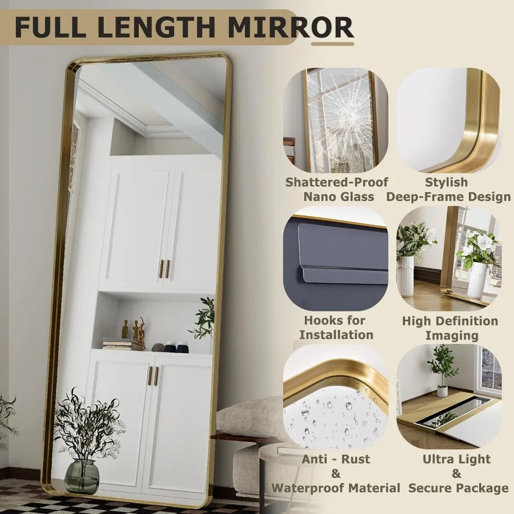 Full-Length Mirror - Gold Deep Framed Floor Mirror Mirrors for Bedroom Elegant Light Up Body Fullbody Glass Family Living Room