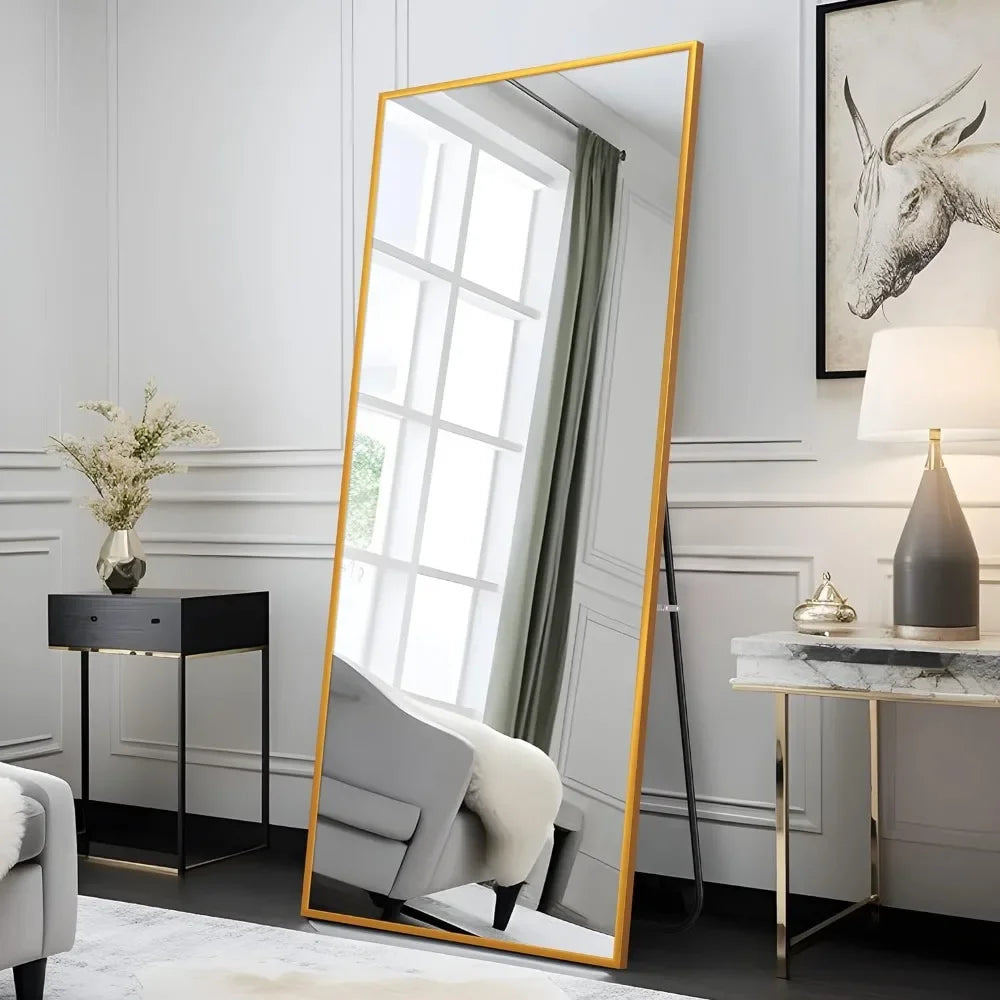 Full Length Mirror Hanging Dressing Mirror Wall-Mounted with Stand,Full Body with Aluminum Alloy Gold,65"x22" Freight free