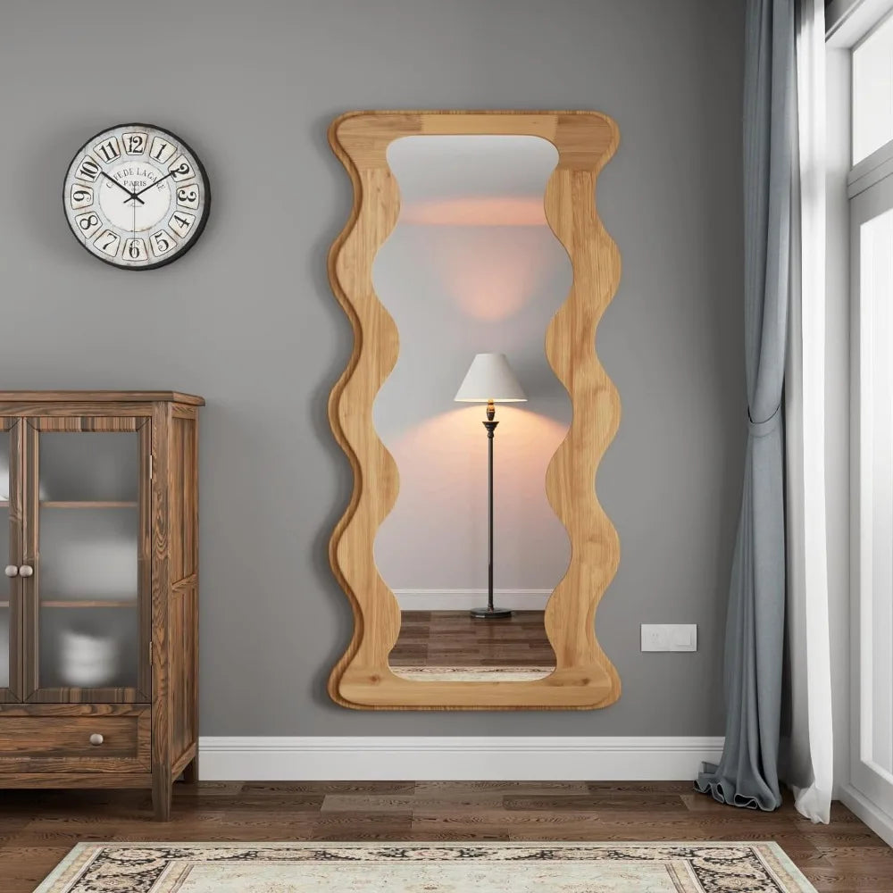 Full Length Mirror Wood Framed Wavy Full Body Mirror Shatter-Proof Mirror Hanging/Leaning Wall Mounted Wooden Elegant Large Room