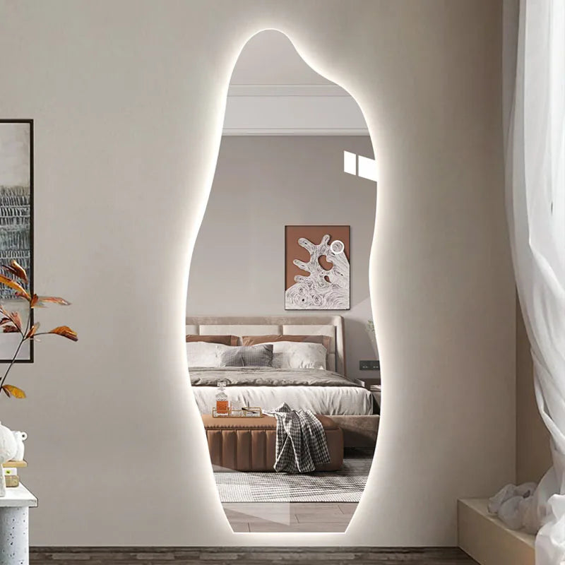 Led Light Full Length Mirror Big Irregular Wavy Creative Full Body Mirror Design Aesthetic Quality Miroir Mural Home Furniture