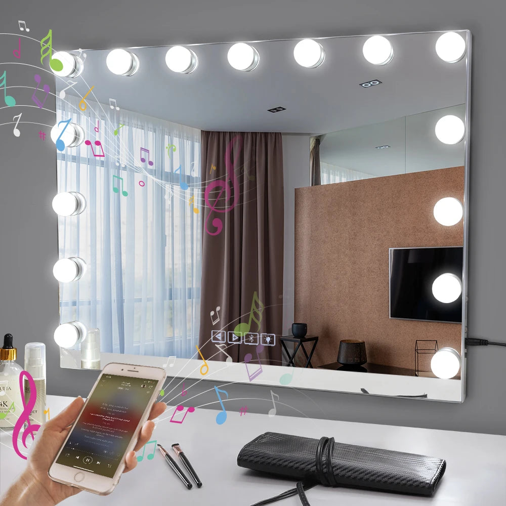 Large Bluetooth Vanity Mirror Makeup Mirror with Lights Hollywood Mirror Touchscreen Control Cosmetic Mirrors with 15 LED Bulbs