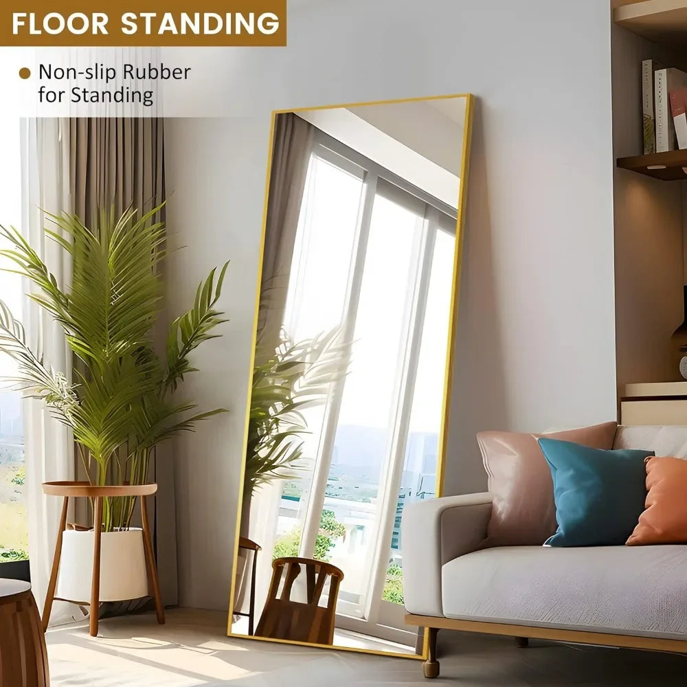 Full Body Mirror Full Length Gold Aluminum Alloy Stand Wall Hanging Mirrors for Wall Bedroom