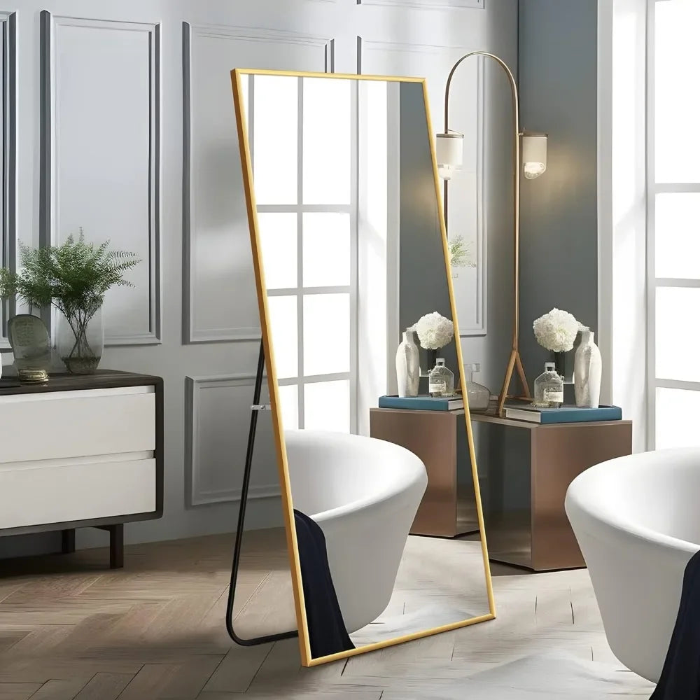 Full Length Mirror Hanging Dressing Mirror Wall-Mounted with Stand,Full Body with Aluminum Alloy Gold,65"x22" Freight free