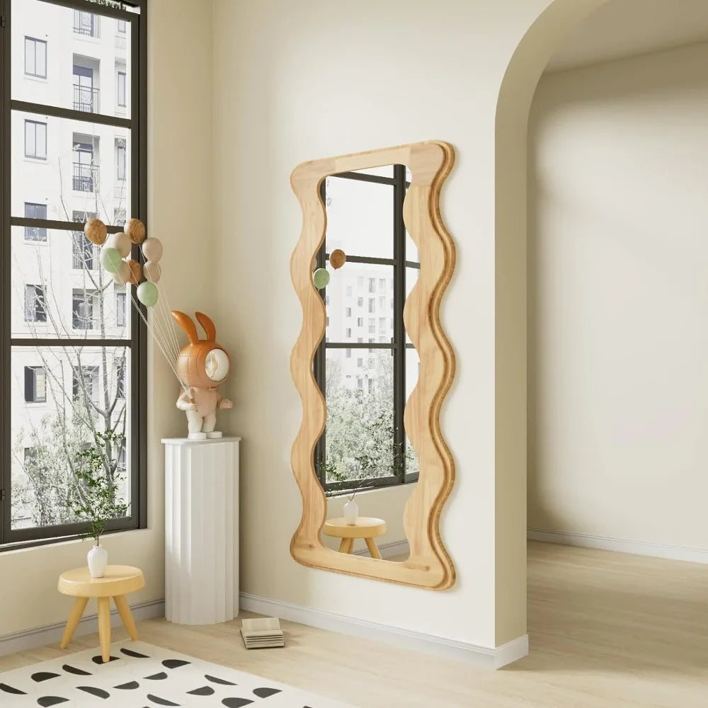 Full Length Mirror Wood Framed Wavy Full Body Mirror Shatter-Proof Mirror Hanging/Leaning Wall Mounted Wooden Elegant Large Room