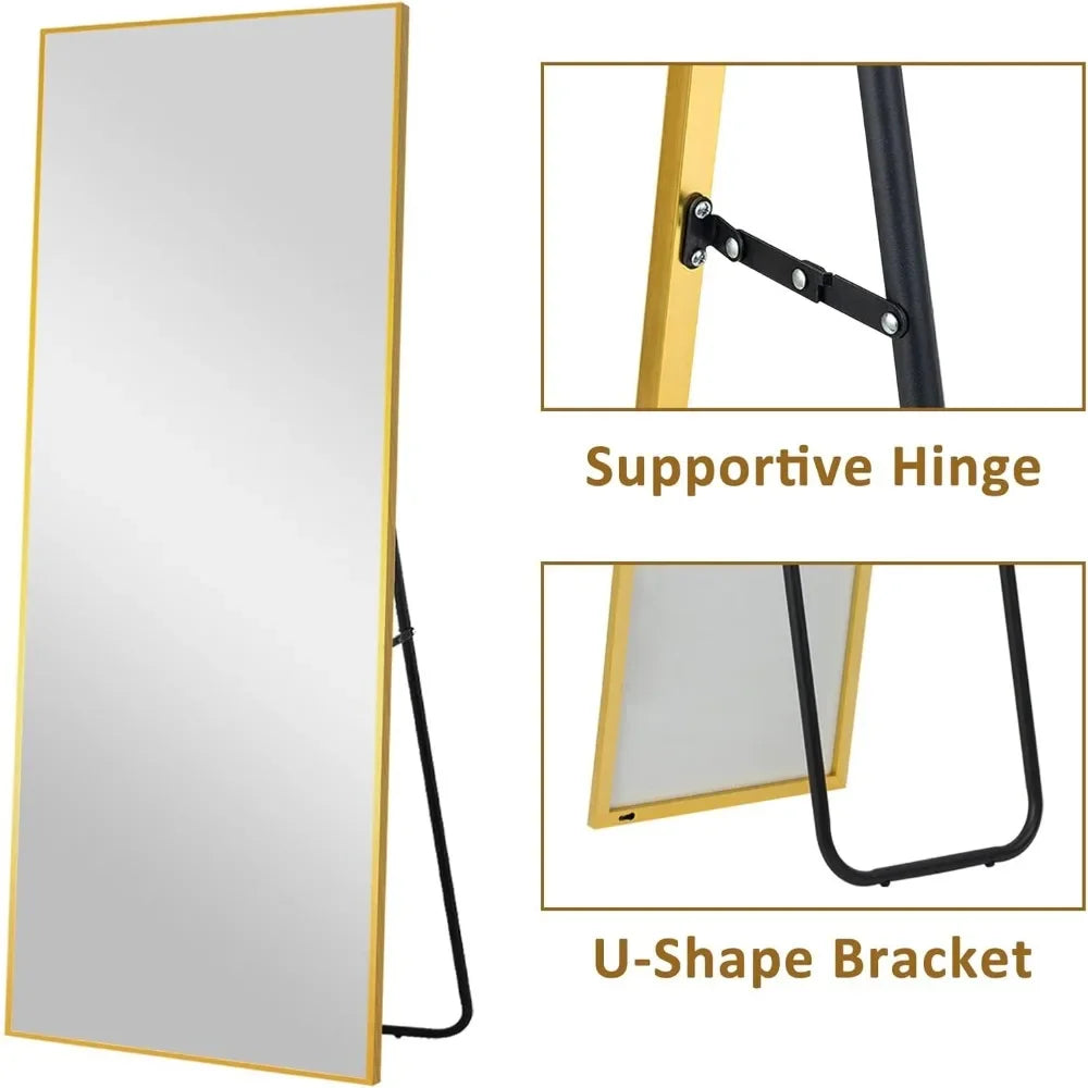 Full Body Mirror Full Length Gold Aluminum Alloy Stand Wall Hanging Mirrors for Wall Bedroom