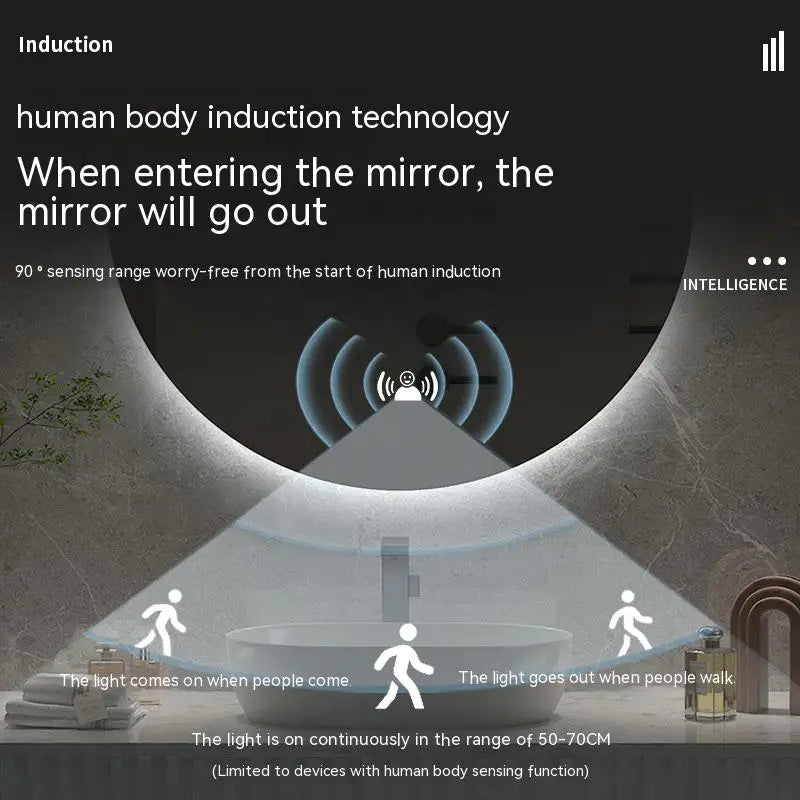 50cm Round Intelligent Human Body Sensing Led Bathroom Mirror With Bluetooth Speaker Hotel Decoration Mirror 3 Color Adjustable