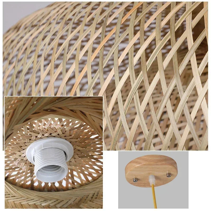 Classic Bamboo Lustre Chandelier Hanging Lamp Ceiling Handmade Rattan Pendant Light Fixture Weaving