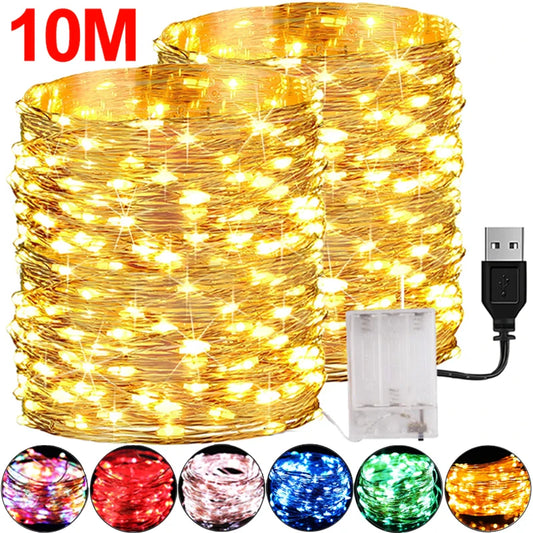 2/10M LED Copper Wire String Lights USB Battery Powered Garland Fairy Lights Waterproof Outdoor Xmas Wedding Party Decorations