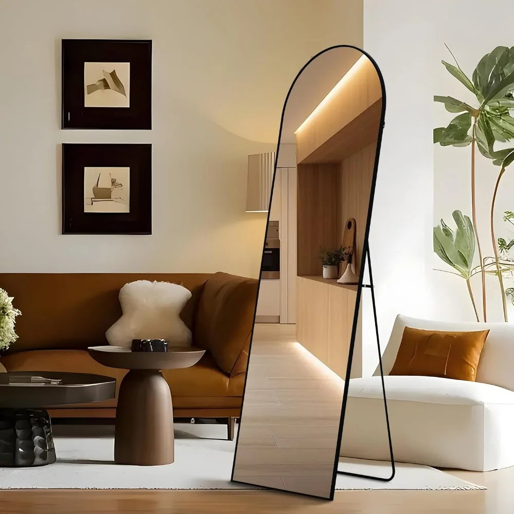 Arched Full Length Mirrors, Full Body Mirror, Black Vanity Floor Mirror Brushed Metal Frame Mounted Mirror