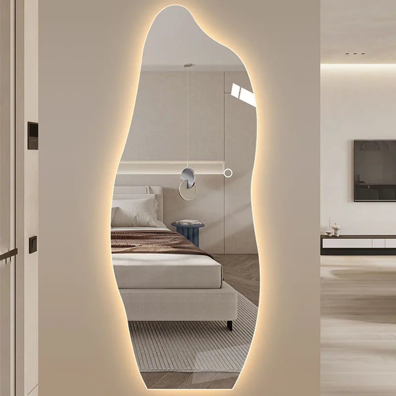 Led Light Full Length Mirror Big Irregular Wavy Creative Full Body Mirror Design Aesthetic Quality Miroir Mural Home Furniture