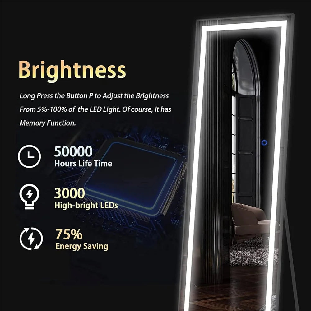 LED Full Body Mirror, Free Standing Mirror, Wall Mounted Hanging Mirror  for Bedroom, Aluminum Frame, Dimming & 3 Color Lighting