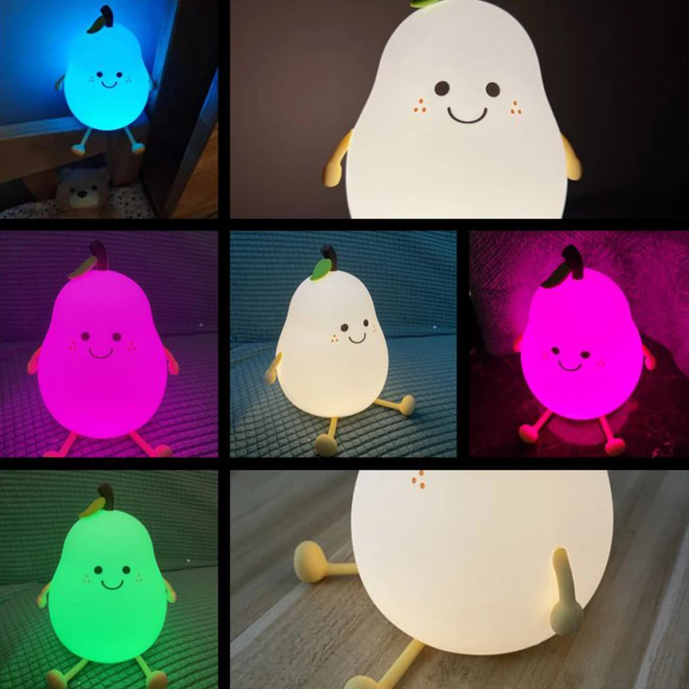 LED Pear Fruit Silicone Night Light 7 Colors Dimming Touch USB Rechargeable Cartoon