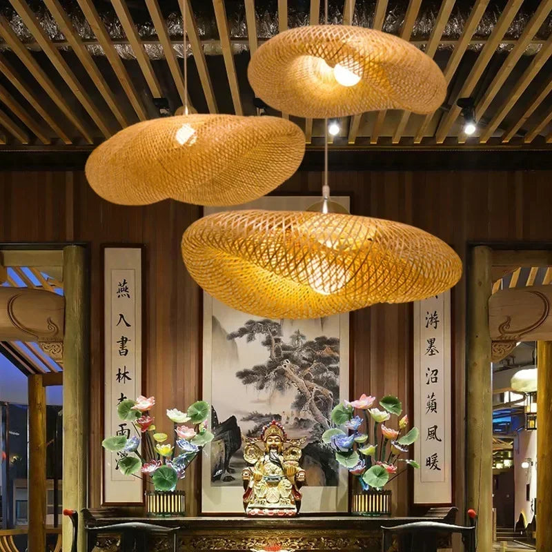 Classic Bamboo Lustre Chandelier Hanging Lamp Ceiling Handmade Rattan Pendant Light Fixture Weaving