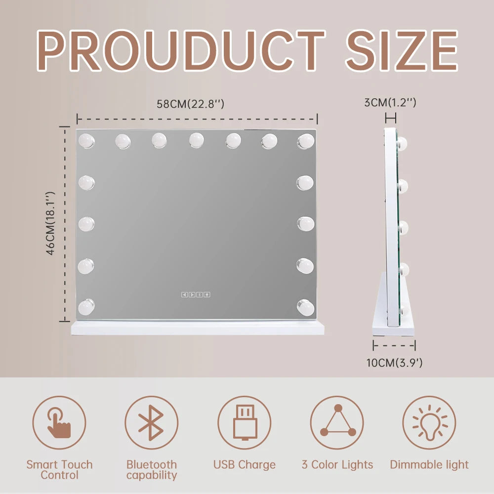 Large Bluetooth Vanity Mirror Makeup Mirror with Lights Hollywood Mirror Touchscreen Control Cosmetic Mirrors with 15 LED Bulbs