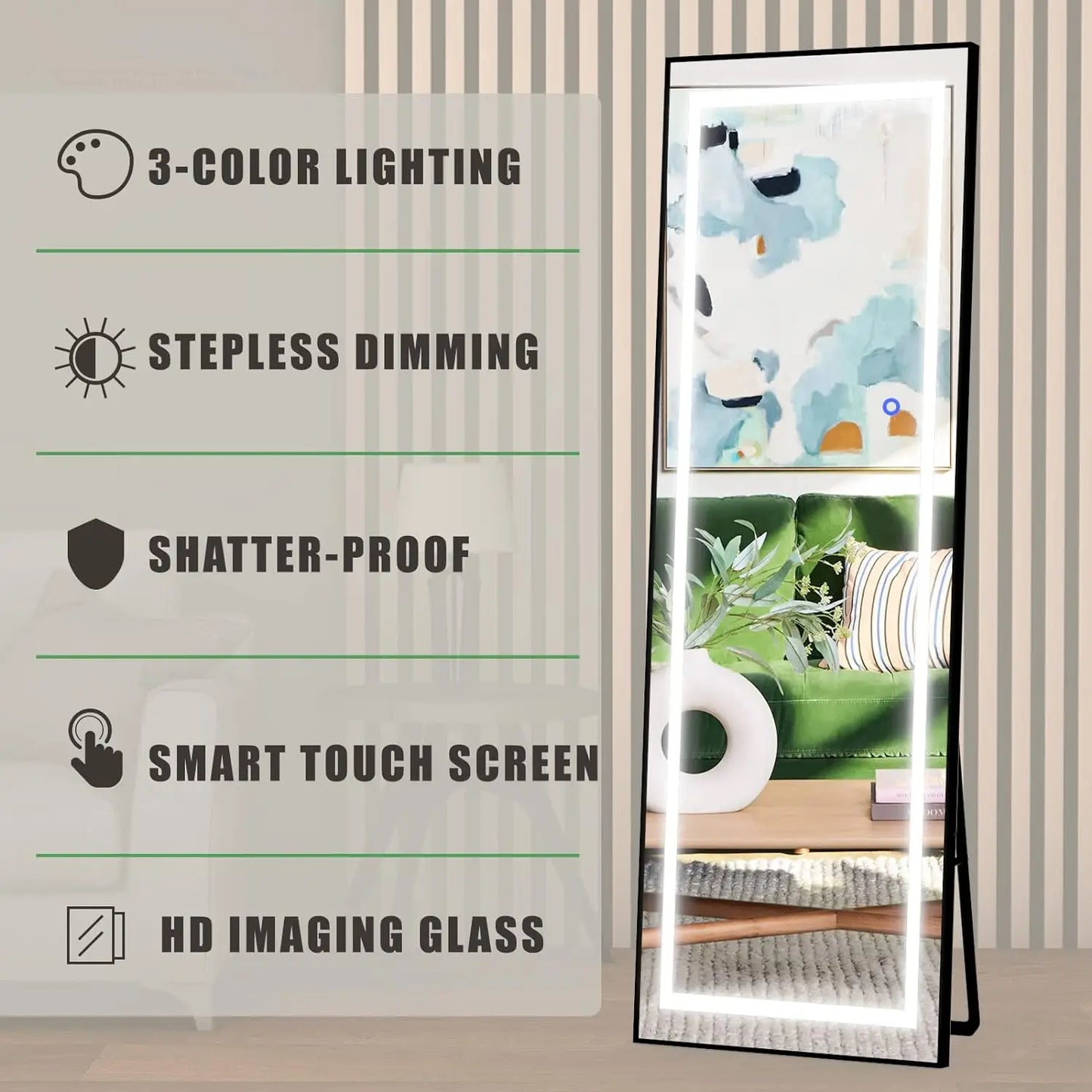 LED Full Body Mirror, Free Standing Mirror, Wall Mounted Hanging Mirror  for Bedroom, Aluminum Frame, Dimming & 3 Color Lighting