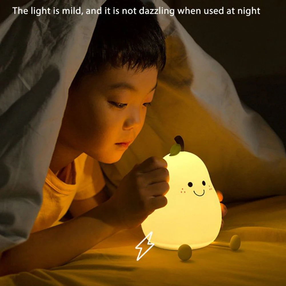 LED Pear Fruit Silicone Night Light 7 Colors Dimming Touch USB Rechargeable Cartoon