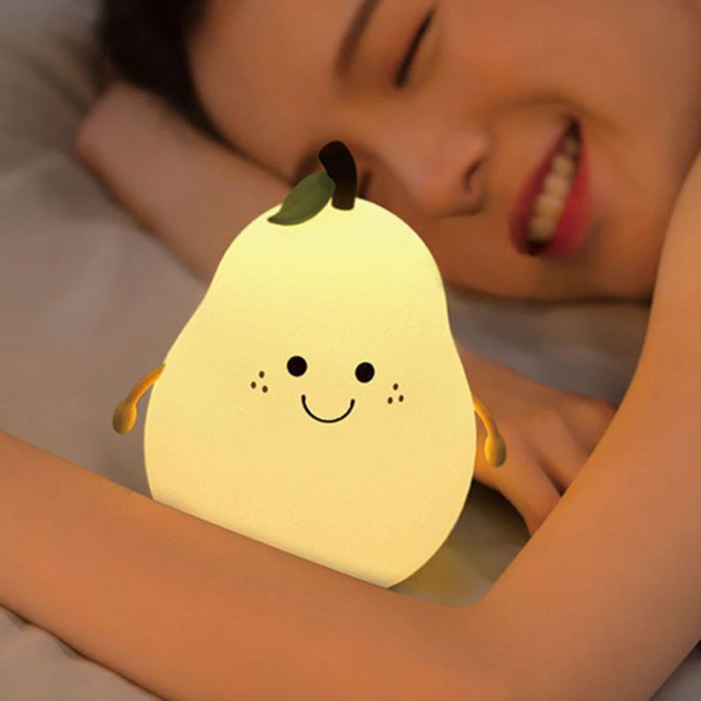 LED Pear Fruit Silicone Night Light 7 Colors Dimming Touch USB Rechargeable Cartoon