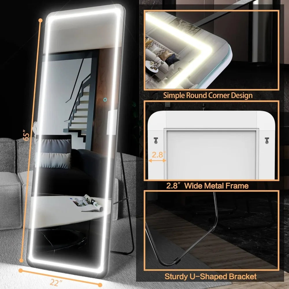 Full Length Floor Mirror LED Whole Body Mirror, Wall Mounted Hanging Mirror with Lights, Makeup Vanity Mirror& 3 Color Modes