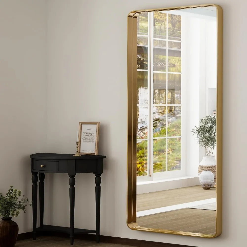 Full-Length Mirror - Gold Deep Framed Floor Mirror Mirrors for Bedroom Elegant Light Up Body Fullbody Glass Family Living Room