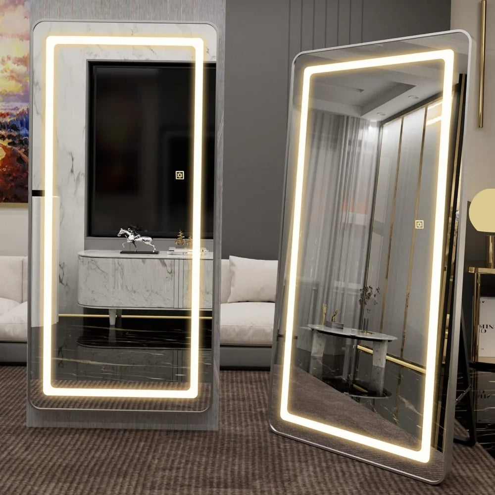 LED Full Body Mirror, Free Standing Mirror, Wall Mounted Hanging Mirror  for Bedroom, Aluminum Frame, Dimming & 3 Color Lighting