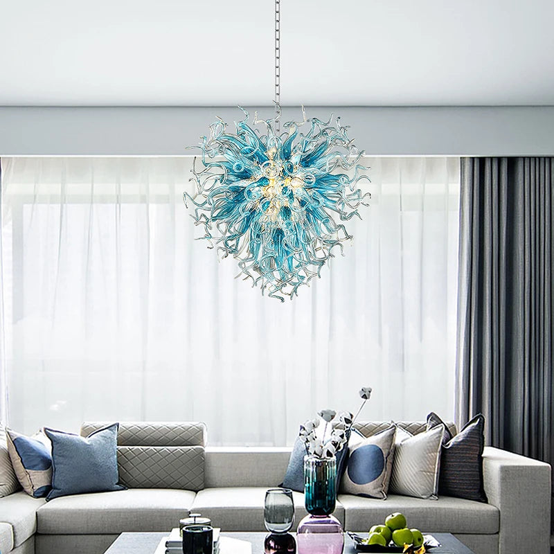 Longree Luxury Blue Chandelier Lighting LED Indoor Home Hanging Lights 100% Hand Blown Glass Chandeliers for Living Room