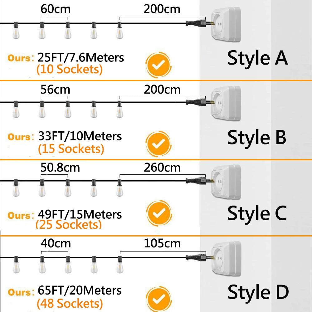 Shatterproof ST38 Plastic Outdoor String Lights Waterproof LED Outdoor Light Garland Connectable LED Chain Lighting Patio Decor