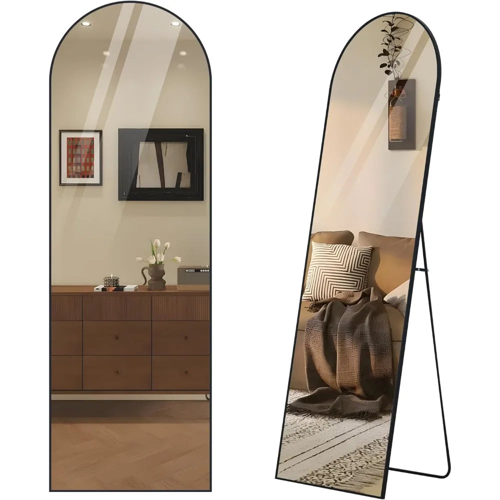 Arched Full Length Mirrors, Full Body Mirror, Black Vanity Floor Mirror Brushed Metal Frame Mounted Mirror