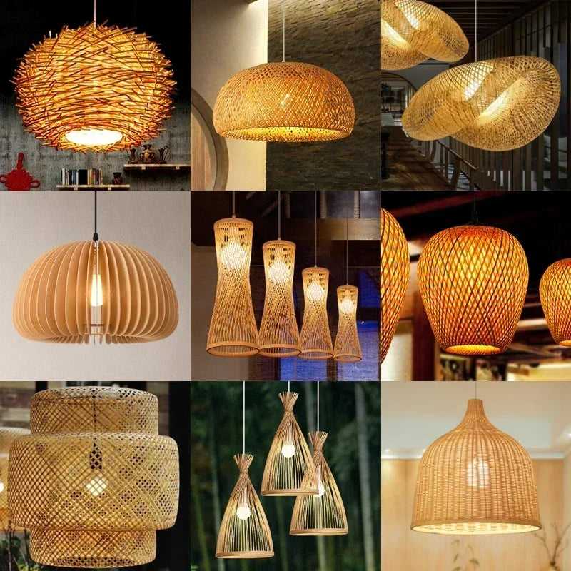 Classic Bamboo Lustre Chandelier Hanging Lamp Ceiling Handmade Rattan Pendant Light Fixture Weaving