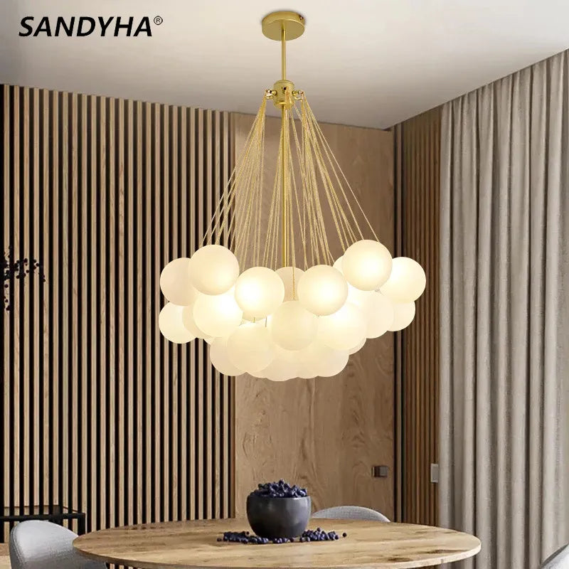 SANDYHA Nordic Frosted Glass Ball Chandeliers Children's Room Luxury Dinning Living  Gold Black LED Pendant Lighting Fixture