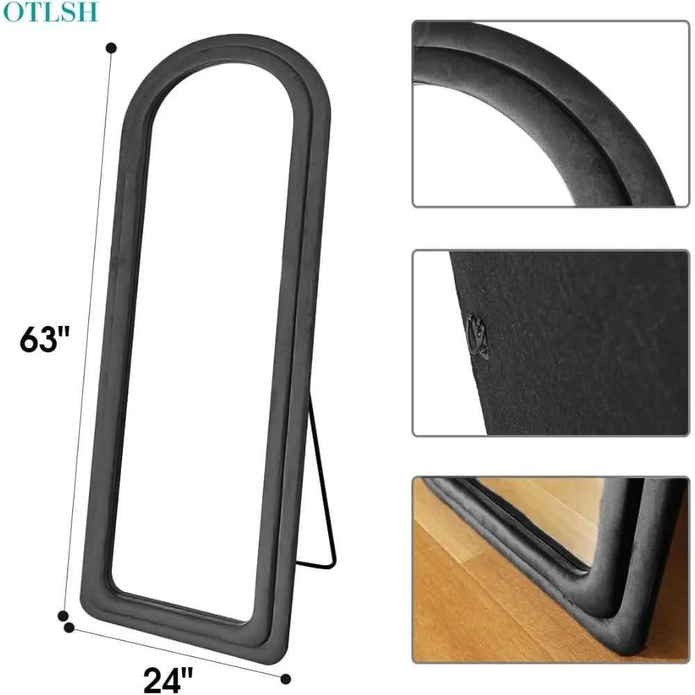 Floor Mirror, Arched Full Length Mirrors Stand,Full Body Mirror,Wall Mirrores,Wall Mounted,Flannel Frame -Black